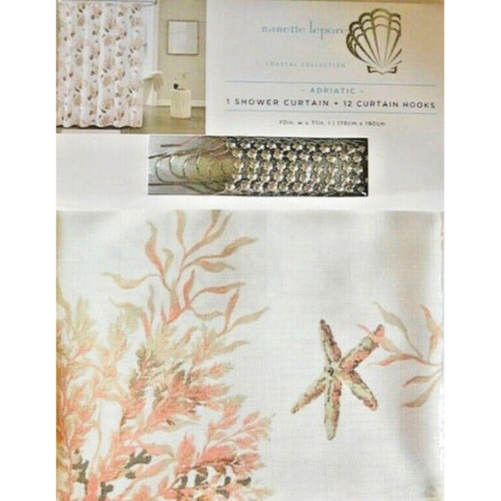 Nanette Lepore Adriatic Shells Shower Curtain w/ Hooks Beach Nautical Fabric